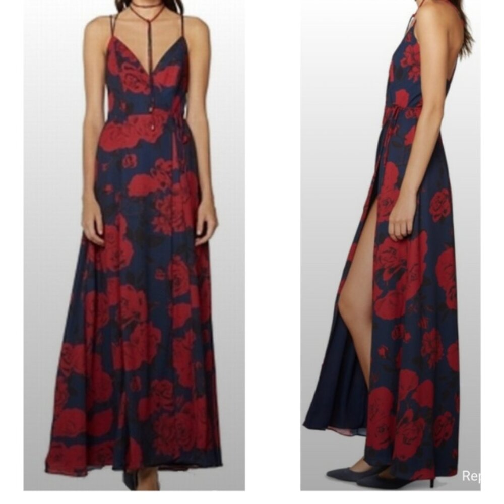 Fame And Partners Tainted Rose Navy Blue & Red Pattern Wrap Dress 4